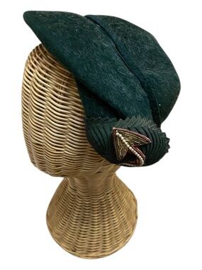 Merrimac Merrona Womens Vintage Felted Green Fur Hat Fascinator 1960s Church Hat